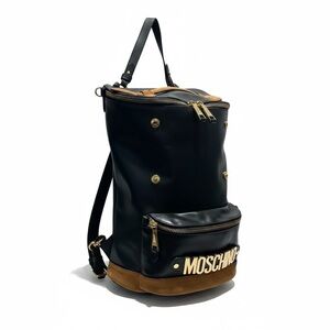 Moschino Milano Leather Bucket Backpack Black Gold Logo Made in Italy